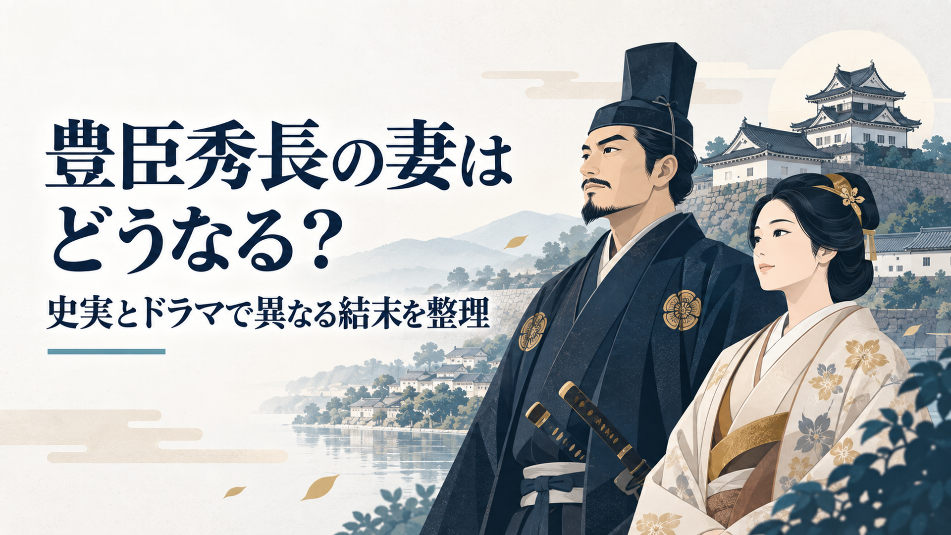大和郡山城を背景に豊臣秀長と妻・慈雲院の運命を象徴する戦国時代の夫婦